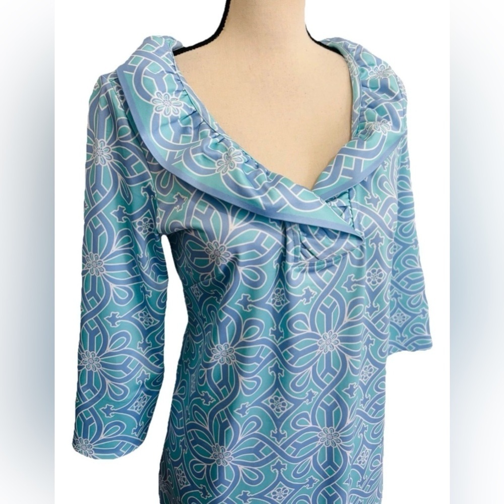 Gretchen Scott Jersey Ruffneck Dress Size S Piazza Blue Print Preppy Women’s - Picture 7 of 9